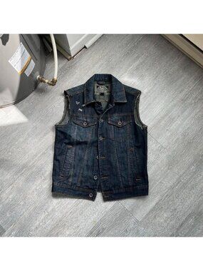 Navy Blue / Yellow Vintage Fox Racing “SJC Custom Drums” Denim Jean Jacket Vest